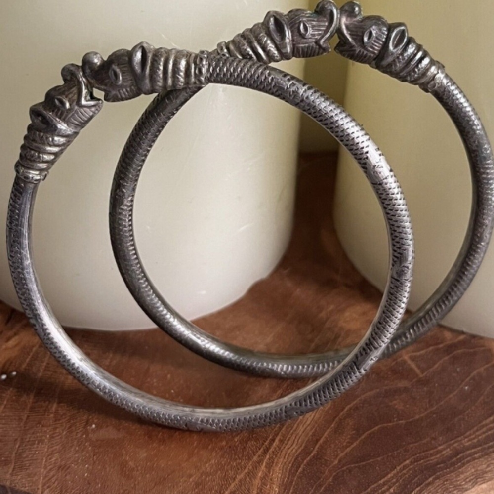 Vintage Silver Double Dragon Serpent Head Twisted Pair Of Cuff Bangles